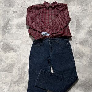 Bundle! Foxcroft Red Plaid Shirt/Chicos Slimming Jeans